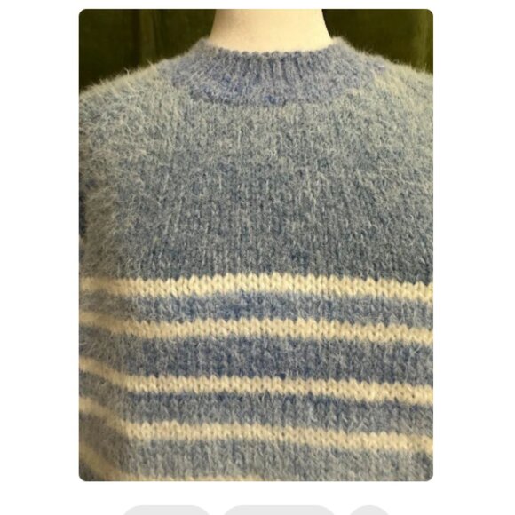 Blue and White Striped Fuzzy Sweater, Soft Women’s Knit Pullover Cozy - Picture 7 of 11